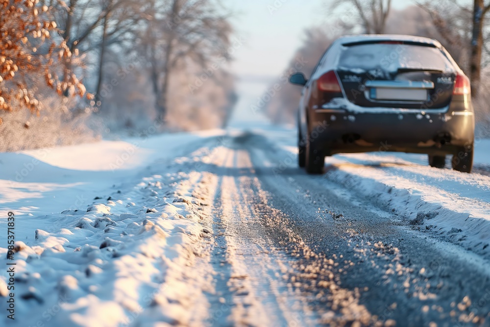 Snowy country road with car on winter day. Close-up of vehicle on rural road. Frosty landscape with tree branches. Space for copy or text. Car tires on snowy road. Winter scene. Snowy country road with car on winter day. Close-up of vehicle on rural road. Frosty landscape with tree branches. Space for copy or text. Car tires on snowy road. Winter scene.