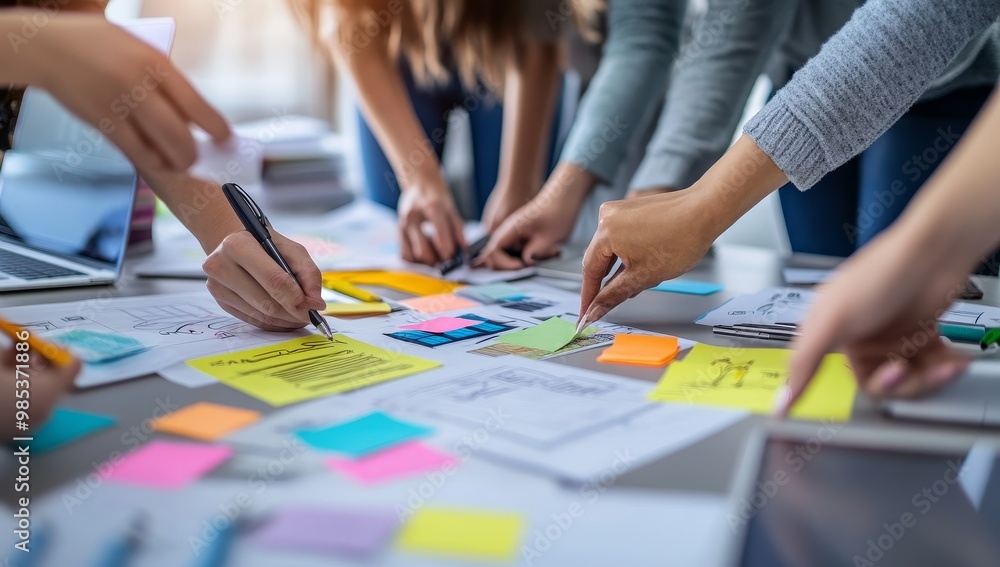 A group of people are brainstorming ideas on a whiteboard using sticky notes and pens. A group of people are brainstorming ideas on a whiteboard using sticky notes and pens.