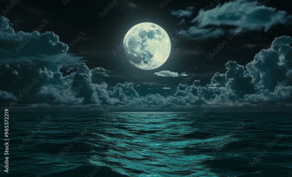 Full moon over a calm sea with clouds in the night sky. Full moon over a calm sea with clouds in the night sky.