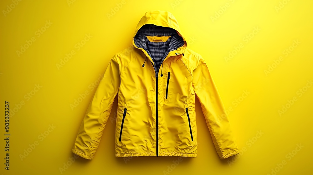 A bright yellow raincoat with a hood stands out against its matching background. A bright yellow raincoat with a hood stands out against its matching background.