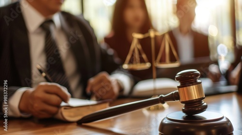 A man is writing in a book while sitting at a table with a gavel