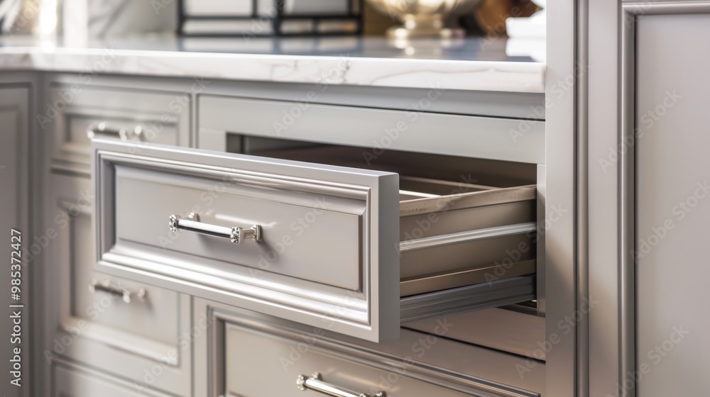 A silver drawer with a silver handle is open A silver drawer with a silver handle is open