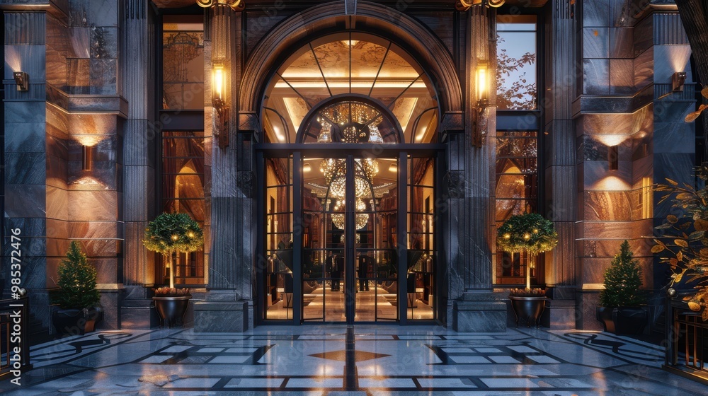 The entrance to a building is lit up with lights, giving it a warm The entrance to a building is lit up with lights, giving it a warm