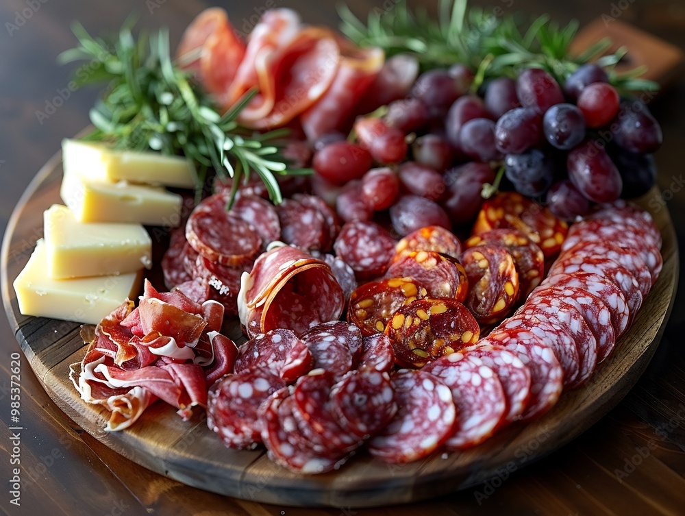 Highangle shot of a freshly prepared charcuterie board featuring an array of meats cheeses and fresh fruits arranged on a wooden surface Highangle shot of a freshly prepared charcuterie board featuring an array of meats cheeses and fresh fruits arranged on a wooden surface
