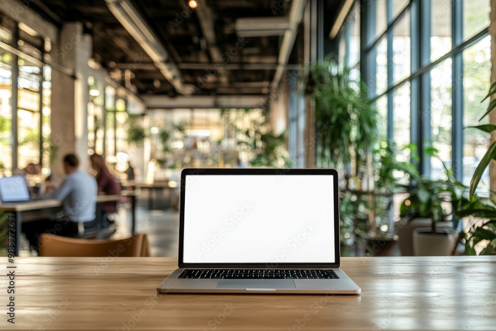 Laptop on a wooden table with blurred background of an office. Laptop on a wooden table with blurred background of an office.