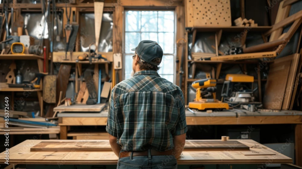 A man in a plaid shirt is standing in a wood shop A man in a plaid shirt is standing in a wood shop