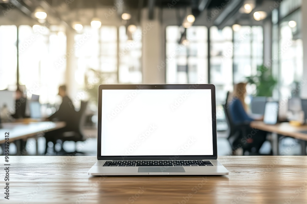 Laptop with blank screen on a wooden table in an office. Laptop with blank screen on a wooden table in an office.