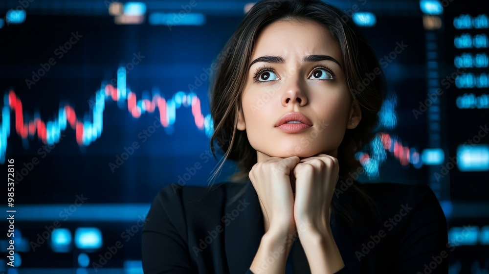 Obraz premium A businesswoman looking at a stock market graph in free fall, his face showing disbelief, symbolizing the collapse of financial markets