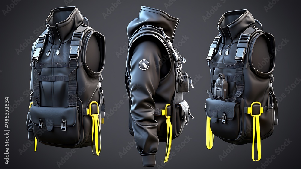 Naklejka premium A black tactical vest, accented by yellow straps, merges function with sharp style.