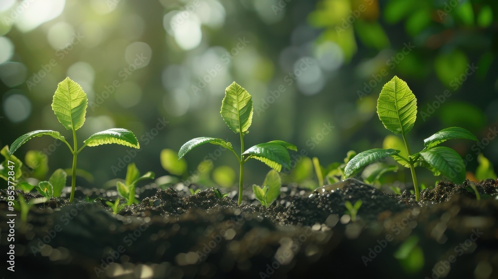 Three young plants are growing in the dirt Three young plants are growing in the dirt