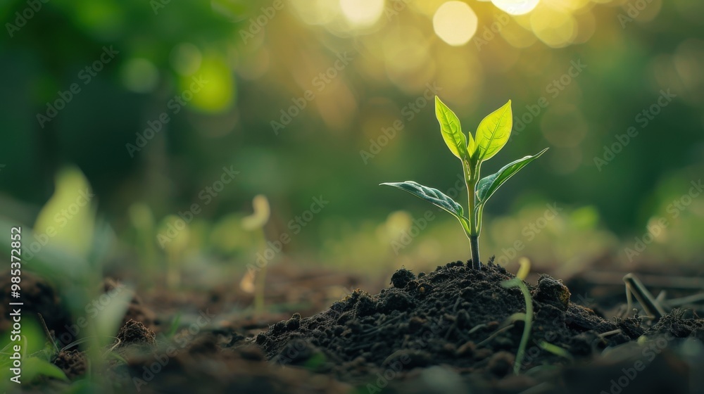 A small green plant is growing in the dirt A small green plant is growing in the dirt