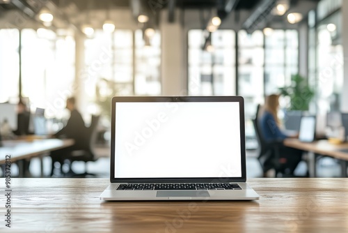 Laptop with blank screen on a wooden table in an office.