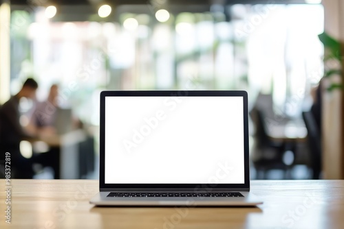 Open laptop with a white screen on a wooden table in a blurred cafe background.