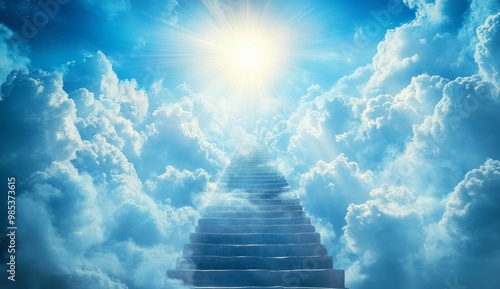 Fototapeta Naklejka Na Ścianę i Meble -  A stone staircase leading up towards a bright light in a blue sky filled with fluffy white clouds.