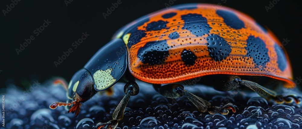 Colorful Ladybug on Dewy Surface Colorful Ladybug on Dewy Surface