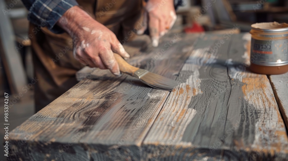 A man is painting a wooden table with a brush A man is painting a wooden table with a brush