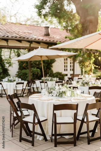 Outdoor wedding venue with white tables surrounded by chairs. Beautiful scenery with green plants and natural surroundings. Elegant arrangement of chairs and tables for a romantic marriage ceremony.