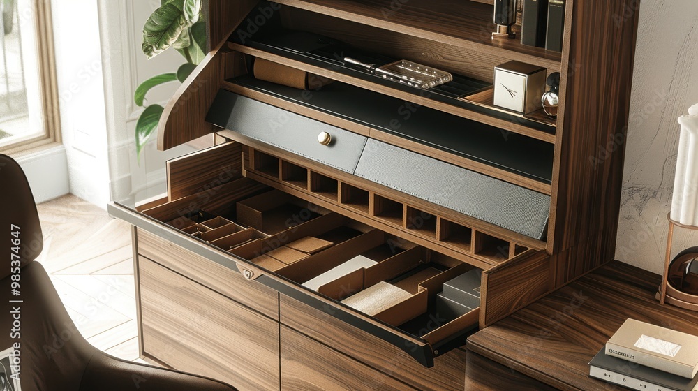 A wooden desk with a drawer that is open A wooden desk with a drawer that is open