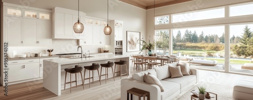 Modern kitchen with white cabinets, a white island, and bar stools, and a large living room with a white sofa overlooking a backyard with trees and a pool.