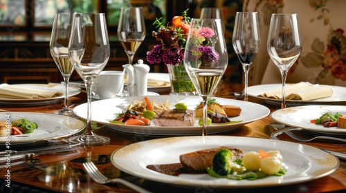 A table with a variety of food and drinks, including wine glasses and forks