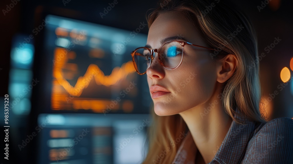 Woman in Glasses Looking at a Chart on Computer Screen Woman in Glasses Looking at a Chart on Computer Screen
