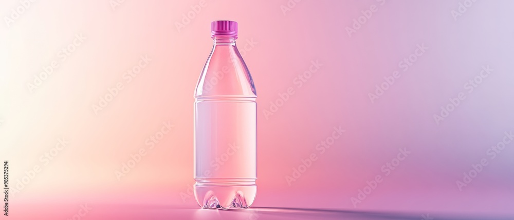 Plastic Water Bottle with Pink Cap on Pink Gradient Background.
