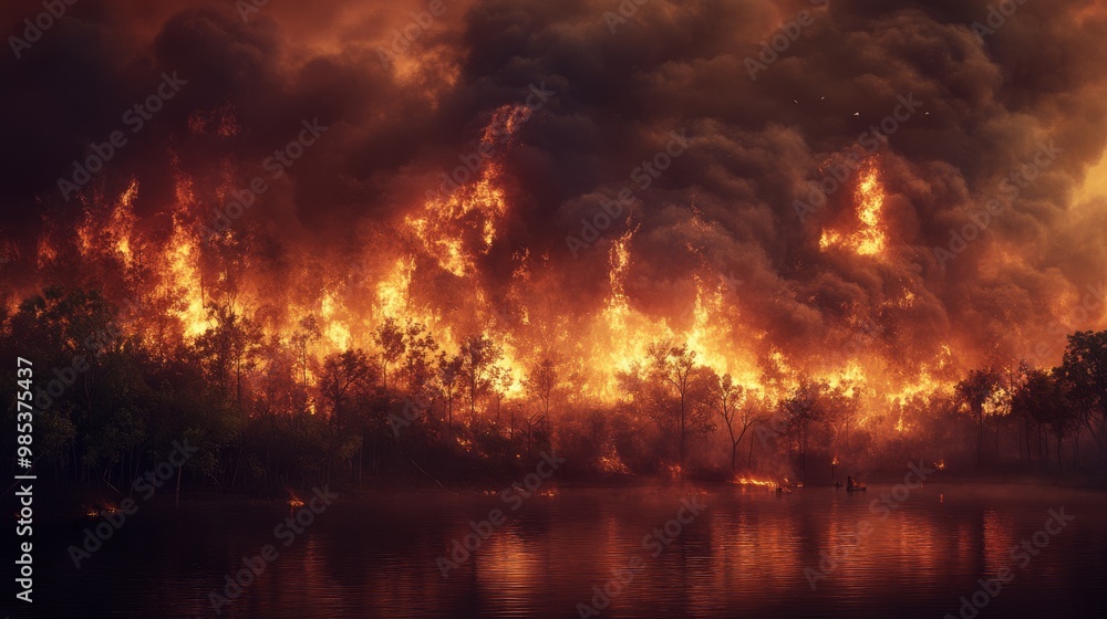 A dramatic scene of a raging wildfire consuming trees, with thick smoke billowing into the sky, reflecting in the calm waters below. A dramatic scene of a raging wildfire consuming trees, with thick smoke billowing into the sky, reflecting in the calm waters below.