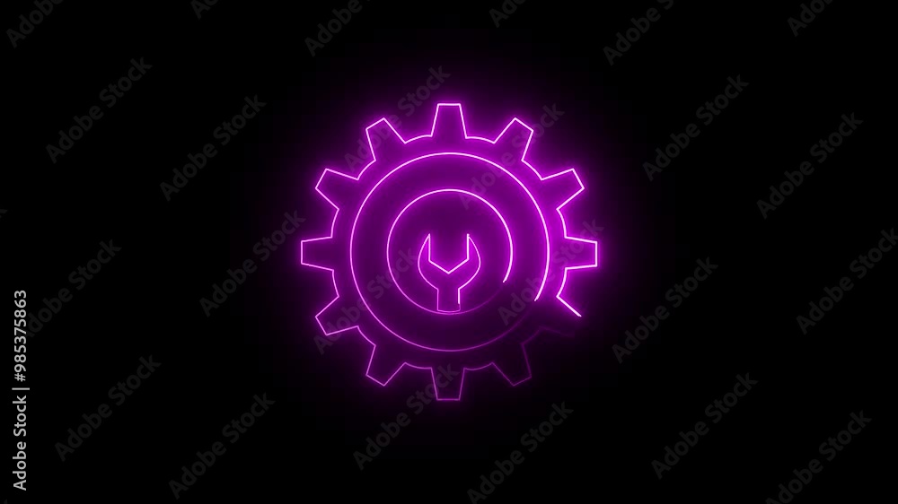 Abstract neon setting icon, Cogwheel with wrench spanner symbol animation. Animated Icon for mechanic maintenance, workshop repair tool. Or web preference setting, on black background. Abstract neon setting icon, Cogwheel with wrench spanner symbol animation. Animated Icon for mechanic maintenance, workshop repair tool. Or web preference setting, on black background.