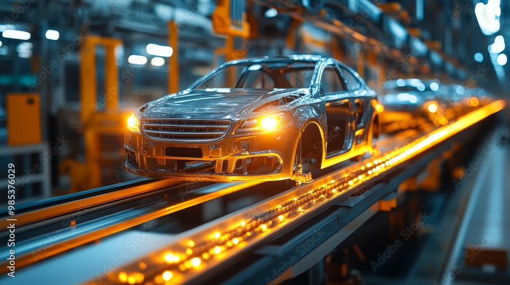 Car Manufacturing Line with Shiny New Vehicle Car Manufacturing Line with Shiny New Vehicle