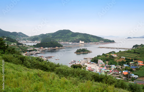 Tongyeong-si, Gyeongsangnam-do, South Korea - June 1, 2015: Aerial view of Yokji Port of Yokjido Island at Hallyeohaesang National Park near Tongyeong-si, South Korea photo