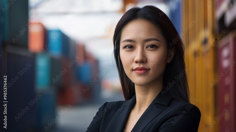 Confident Businesswoman in Black Blazer Against Shipping Container Background Confident Businesswoman in Black Blazer Against Shipping Container Background
