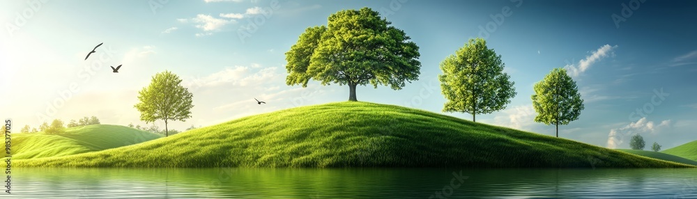 Obraz premium Green Hills Trees and Birds in a Peaceful Landscape