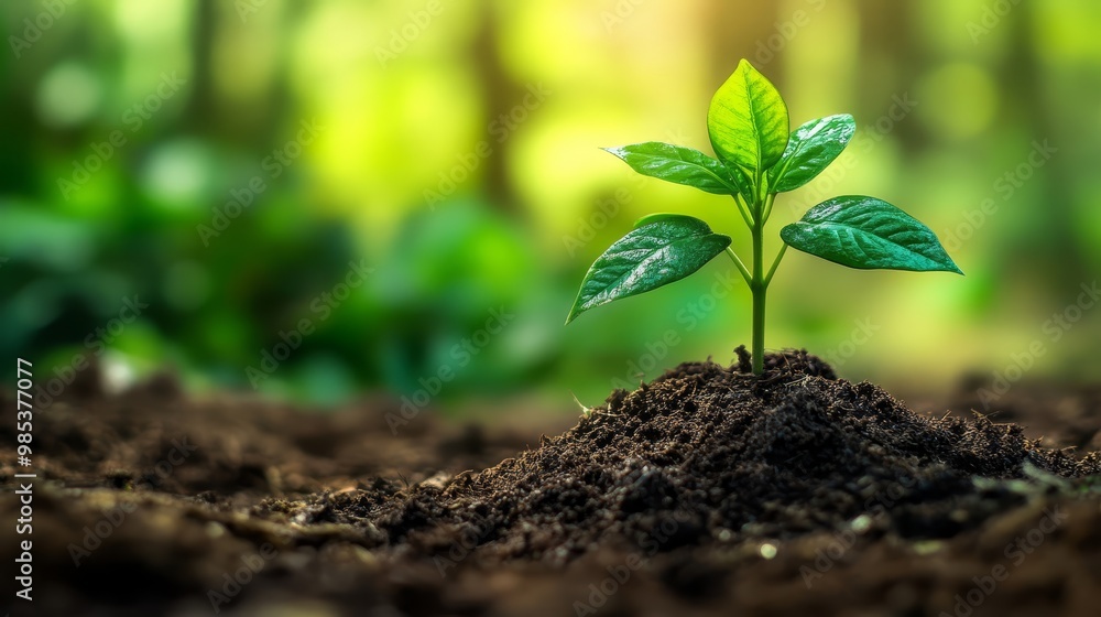 Young Green Plant Sprouting From Soil New Life Spring Growth Close Up Young Green Plant Sprouting From Soil New Life Spring Growth Close Up
