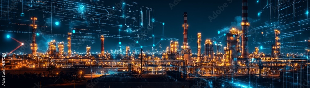 Fototapeta premium Industrial Complex at Night with Futuristic Digital Overlay