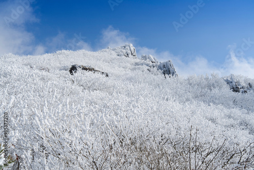 Snow covered Seoseokdae Rock of Mudeungsan National Park near Gwangju, South Korea photo