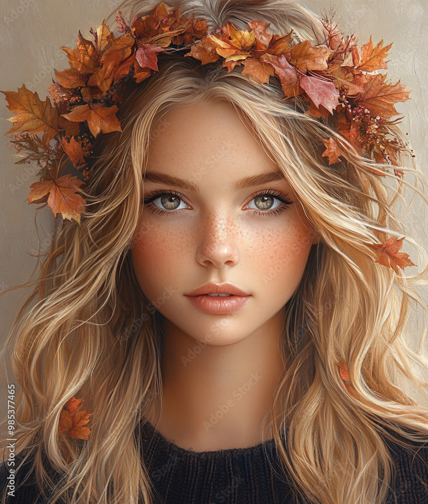 A girl in a wreath of autumn leaves. A girl in a wreath of autumn leaves.