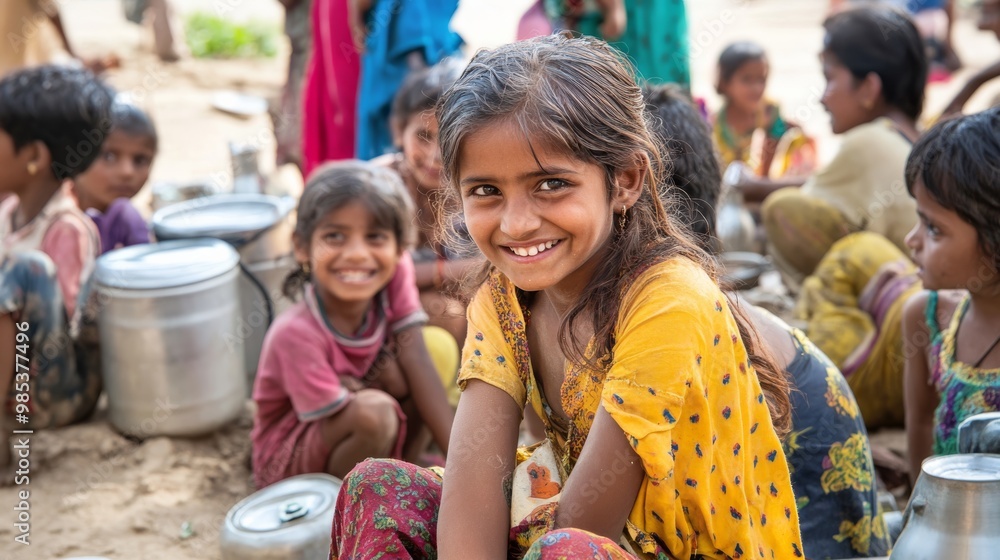 Obraz premium A joyful girl smiles brightly among a group of children, embodying innocence and camaraderie in a vibrant setting.