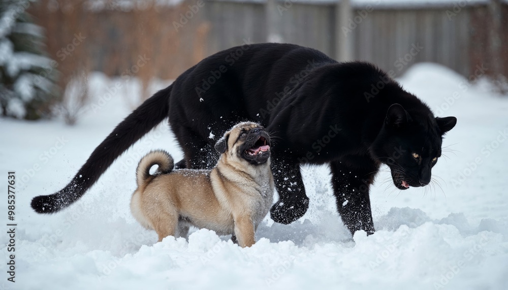Pug and black panther playing in the snow, showcasing friendship between different animals in winter landscape Pug and black panther playing in the snow, showcasing friendship between different animals in winter landscape