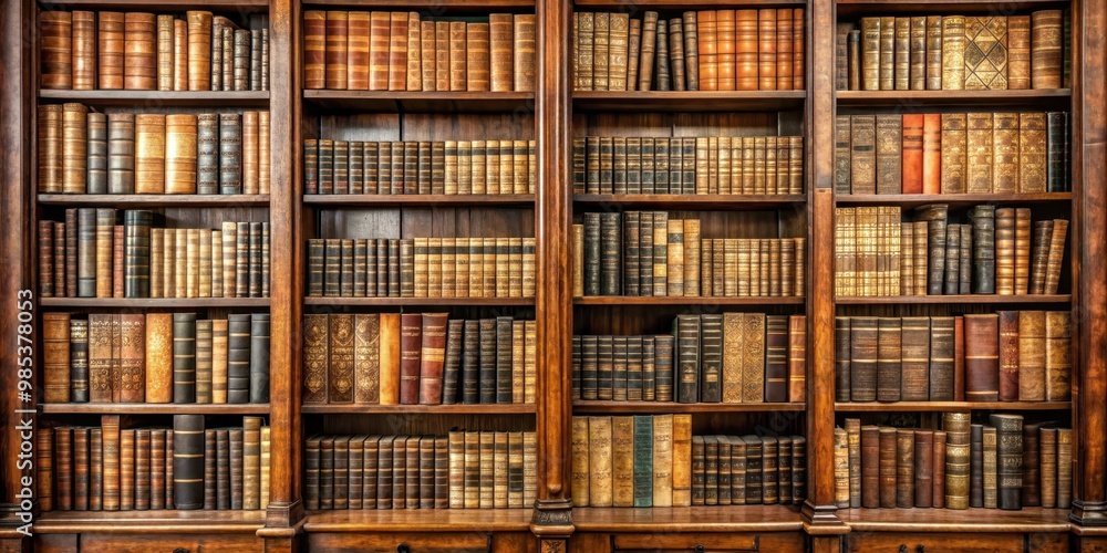 An elegant wooden bookshelf filled with antique books showcasing various bindings and titles, antique, elegant, wooden An elegant wooden bookshelf filled with antique books showcasing various bindings and titles, antique, elegant, wooden