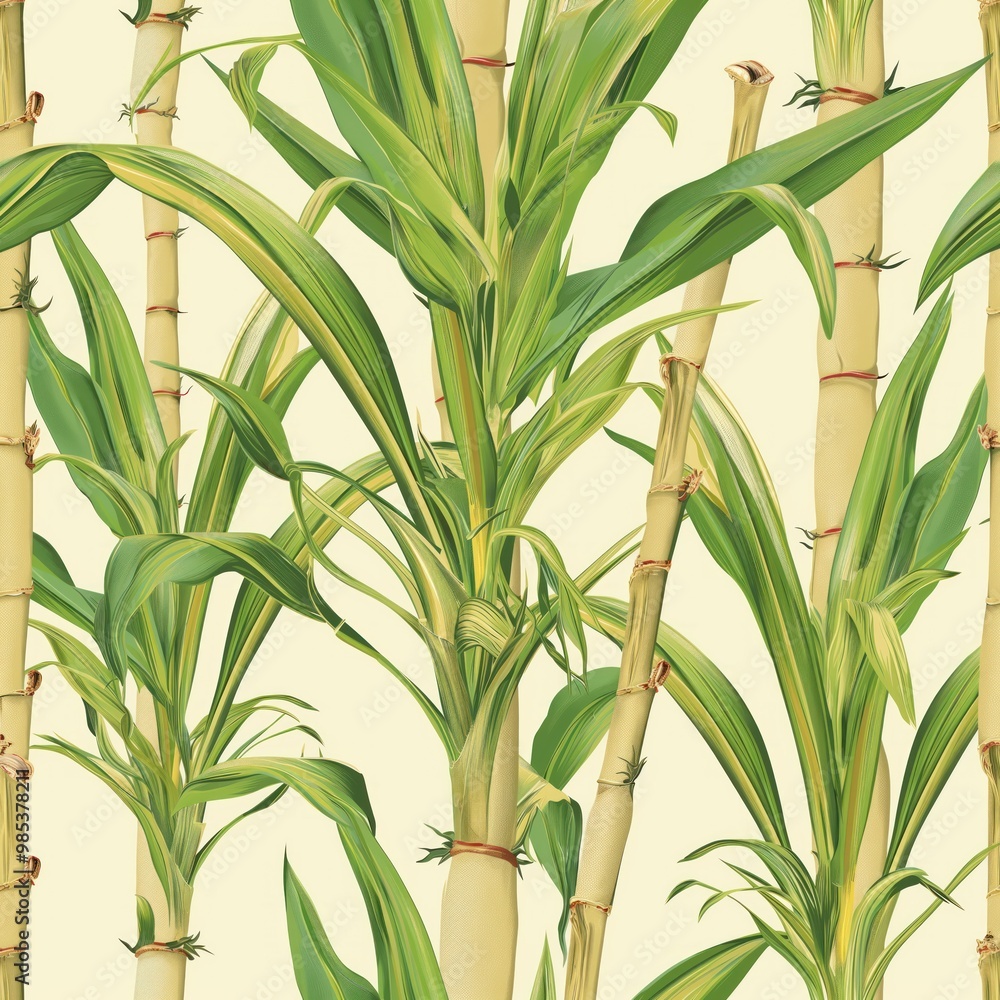 Obraz premium Illustration of sugar canes and tropical plants on seamless textile repeat pattern. Green leaves, grass, and flowers on a natural background. Perfect for wallpaper, material, and decoration.
