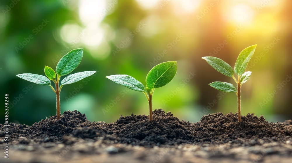 Three Green Seedlings Growing in Soil with Sunlight Three Green Seedlings Growing in Soil with Sunlight