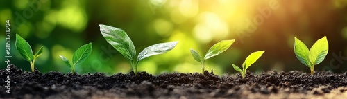 Green Seedlings Growing in Soil with Sunlight Background