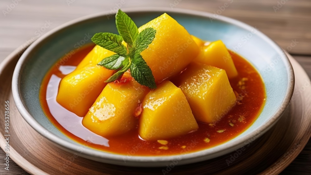 Deliciously spiced mango chunks ready to be savored Deliciously spiced mango chunks ready to be savored