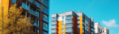 Modern Apartment Building with Orange Facade and Blue Sky