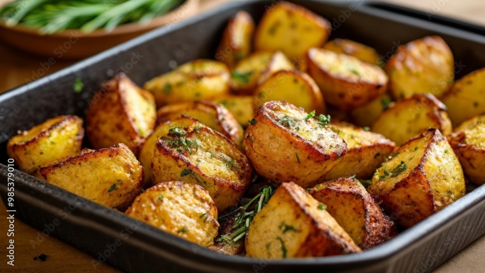 Deliciously seasoned roasted potatoes ready to serve Deliciously seasoned roasted potatoes ready to serve