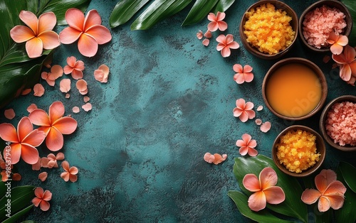 Colorful bowls of gourmet salts, tropical flowers, and green leaves arranged on a teal background, creating a serene culinary ambiance.