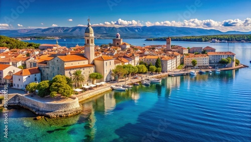 Panoramic view of Krk town on Krk island with Adriatic sea and promenade, Krk, Croatia, island, Adriatic, promenade