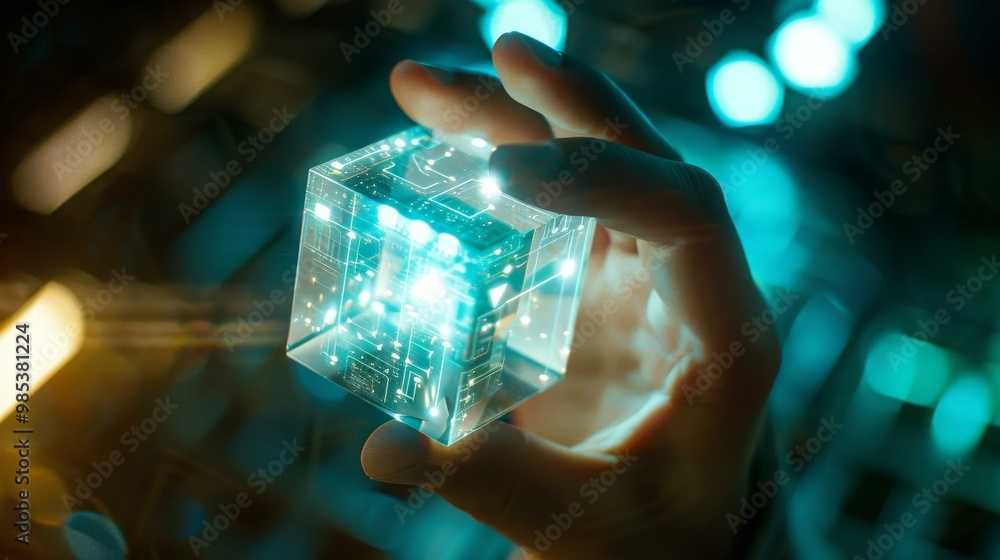 A hand grasping a glowing digital neural network cube A hand grasping a glowing digital neural network cube