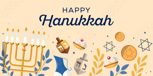 happy hanukkah horizontal banner illustration in flat design