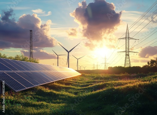 Solar panels, wind turbines, and power lines in a field at sunset. photo